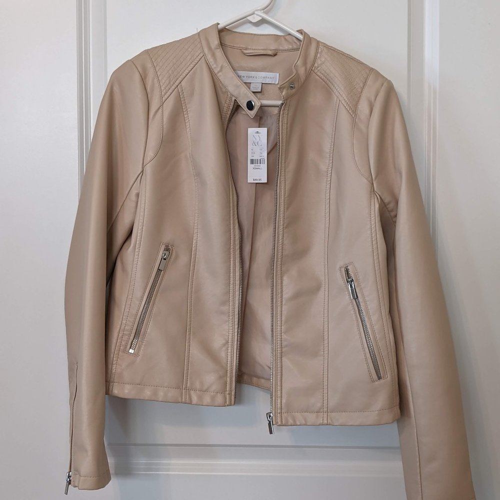 New York and Company NY&C FAUX-LEATHER MOTO JACKET XS Beige Tan